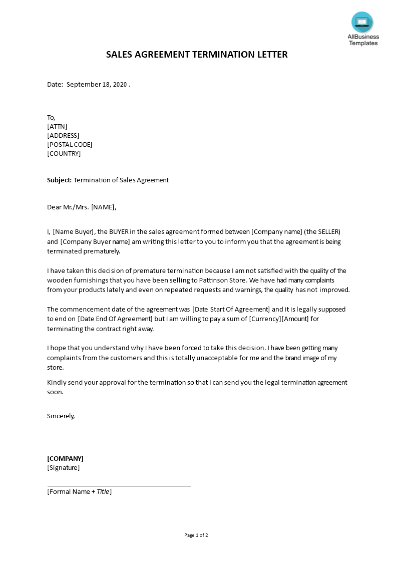 sales agreement termination letter template