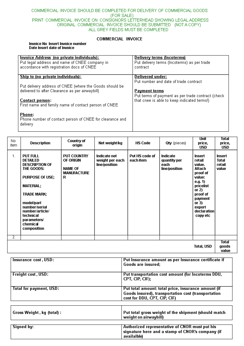 sample commercial invoice word template