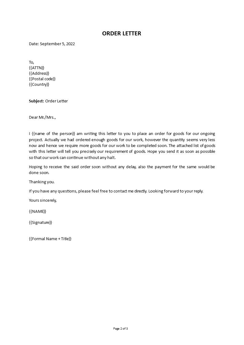 order letter template