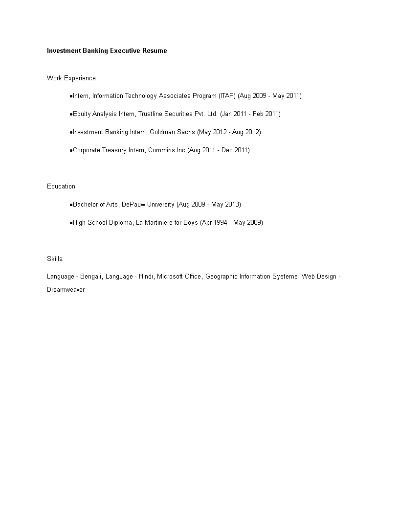 Investment Banking Executive Resume sample main image