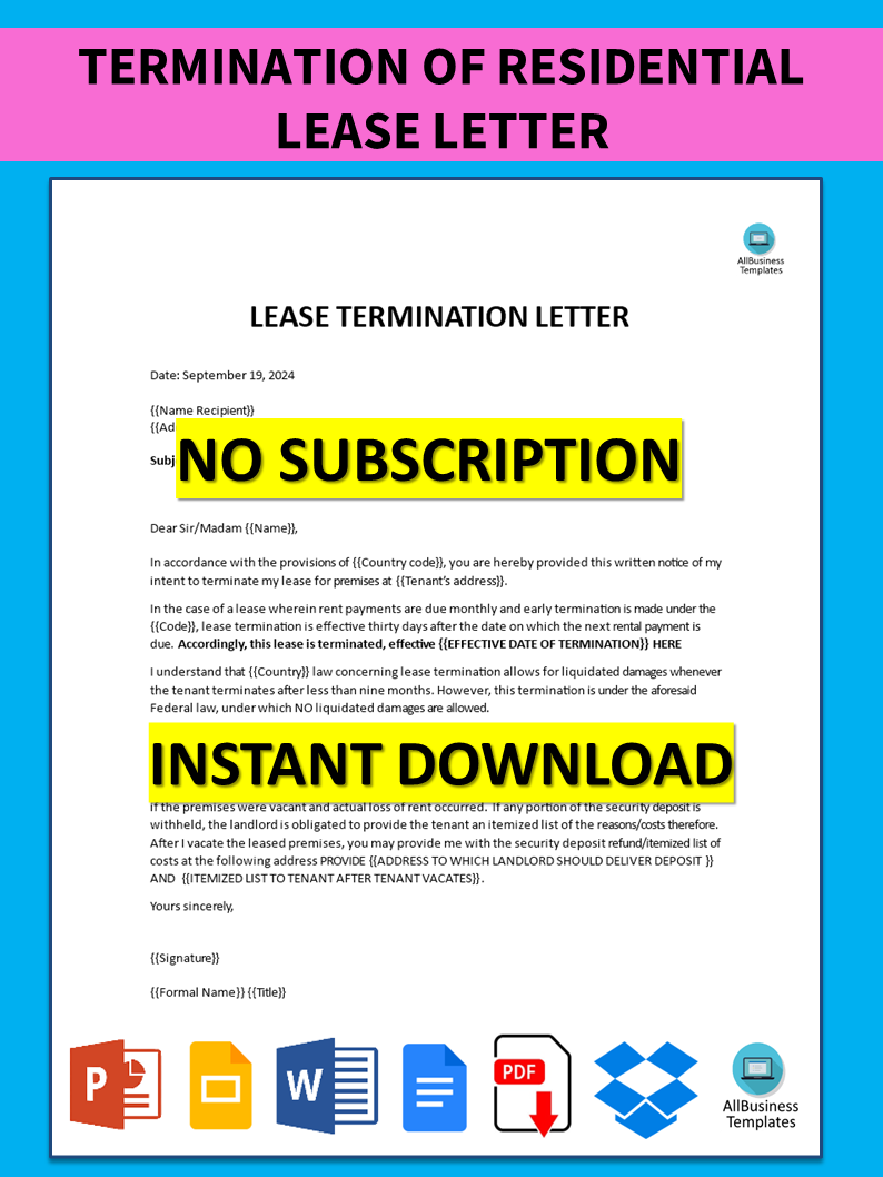 免费Termination of Residential Lease Letter to Landlord  样本文件