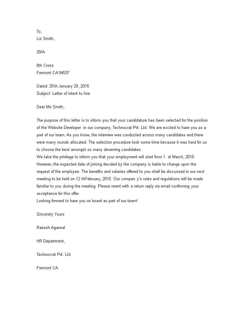 employment offer letter of intent template