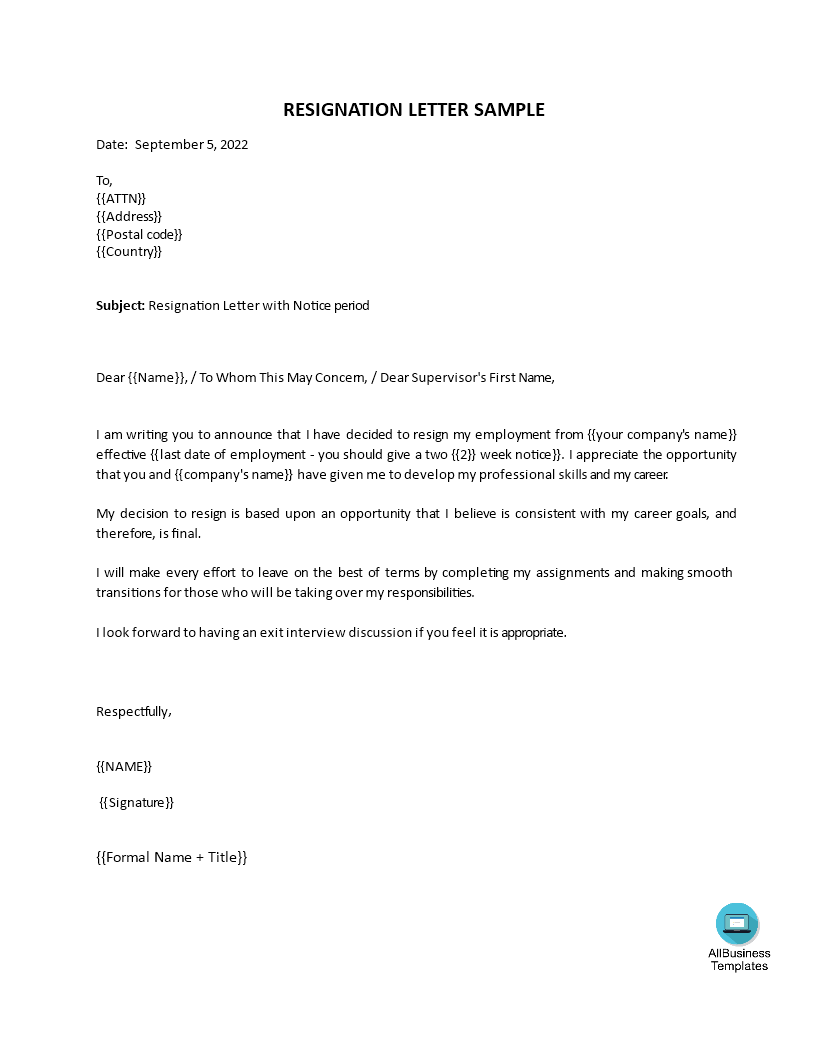 Simple Letter Of Resignation Templates at