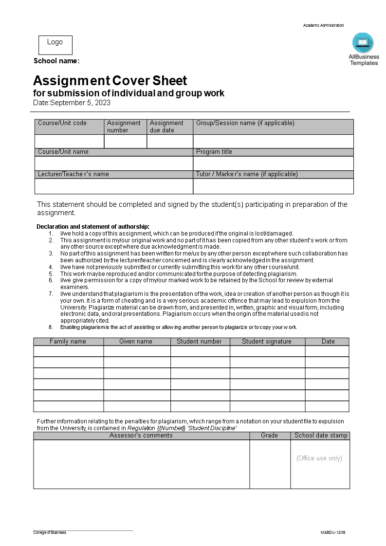 assignment cover sheet for submission plantilla imagen principal