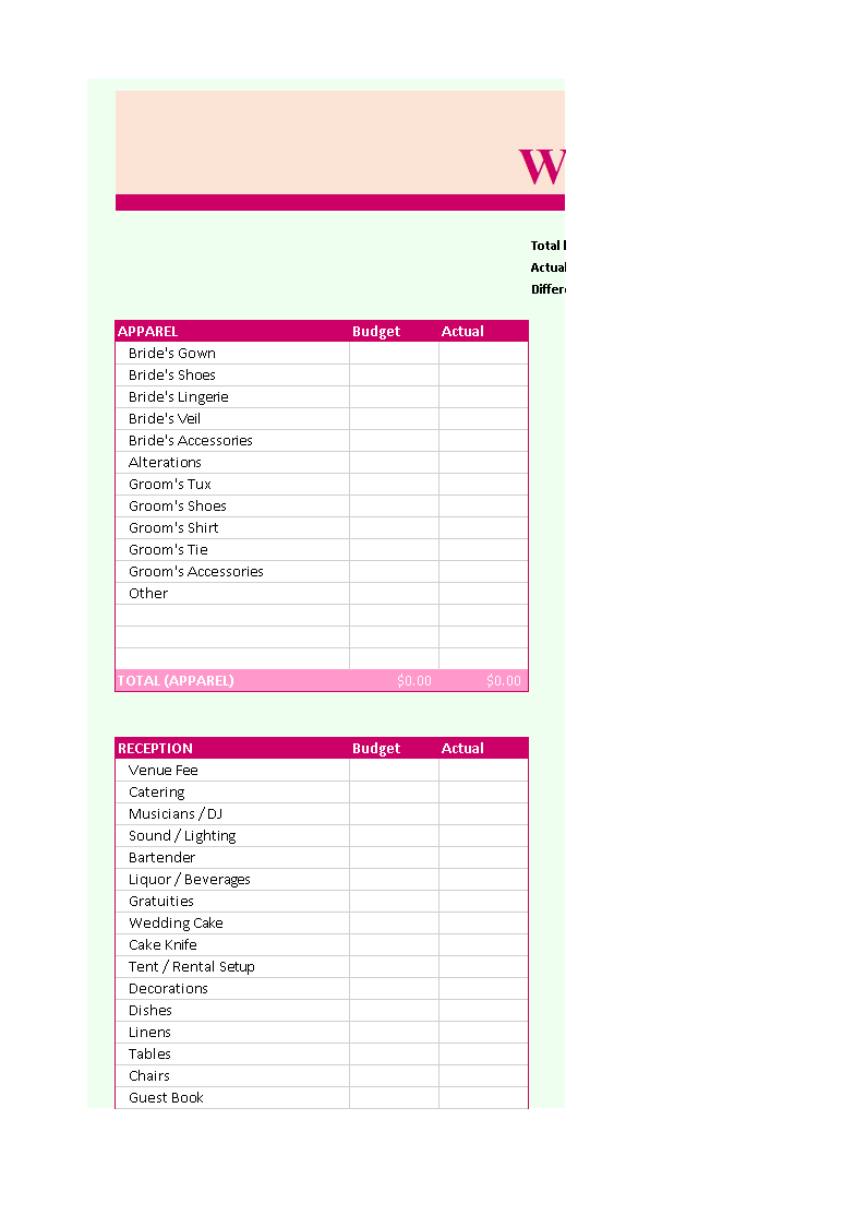 wedding budget spreadsheet template Hauptschablonenbild