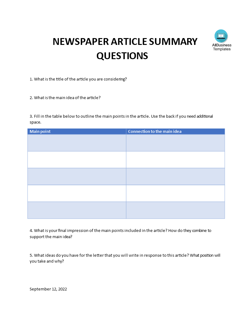 Kostenloses Newspaper Article Summary Questions With Regard To Blank Newspaper Template For Word