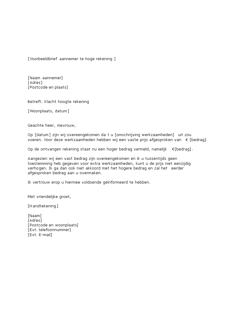 bezwaar te hoge rekening aannemer voorbeeld afbeelding 