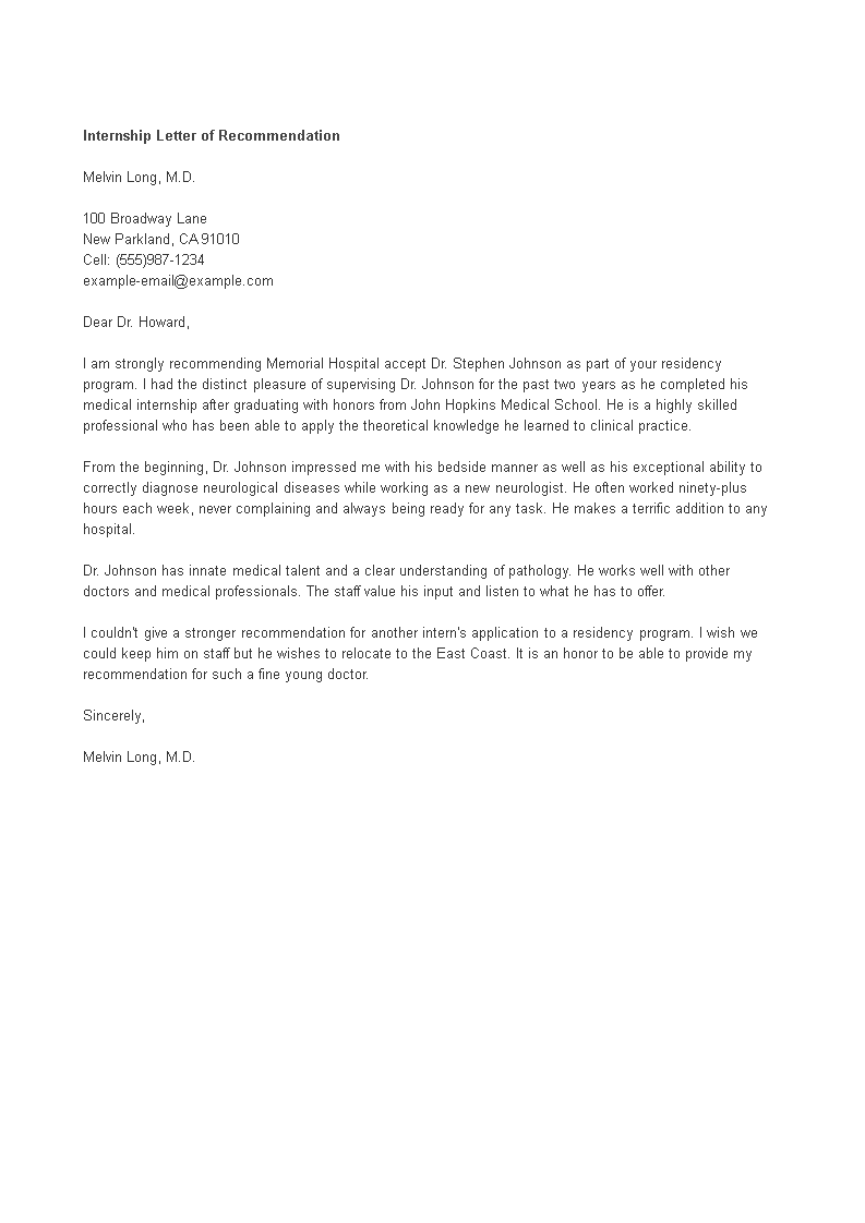 Letter Of Recommendation For Student Intern main image