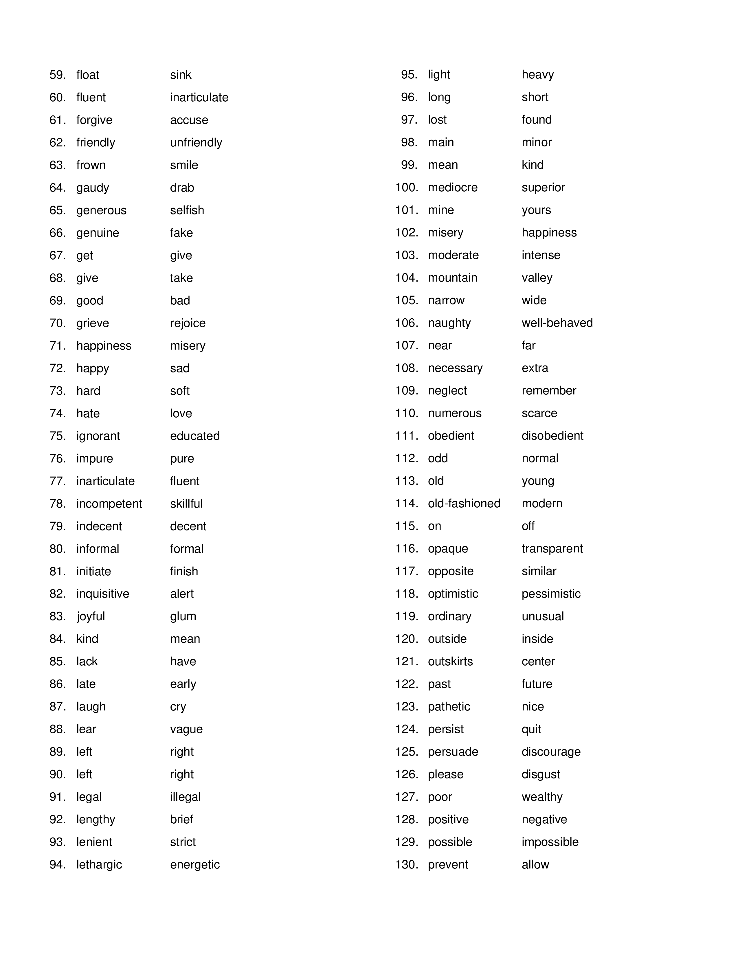 Kostenloses Antonyms List