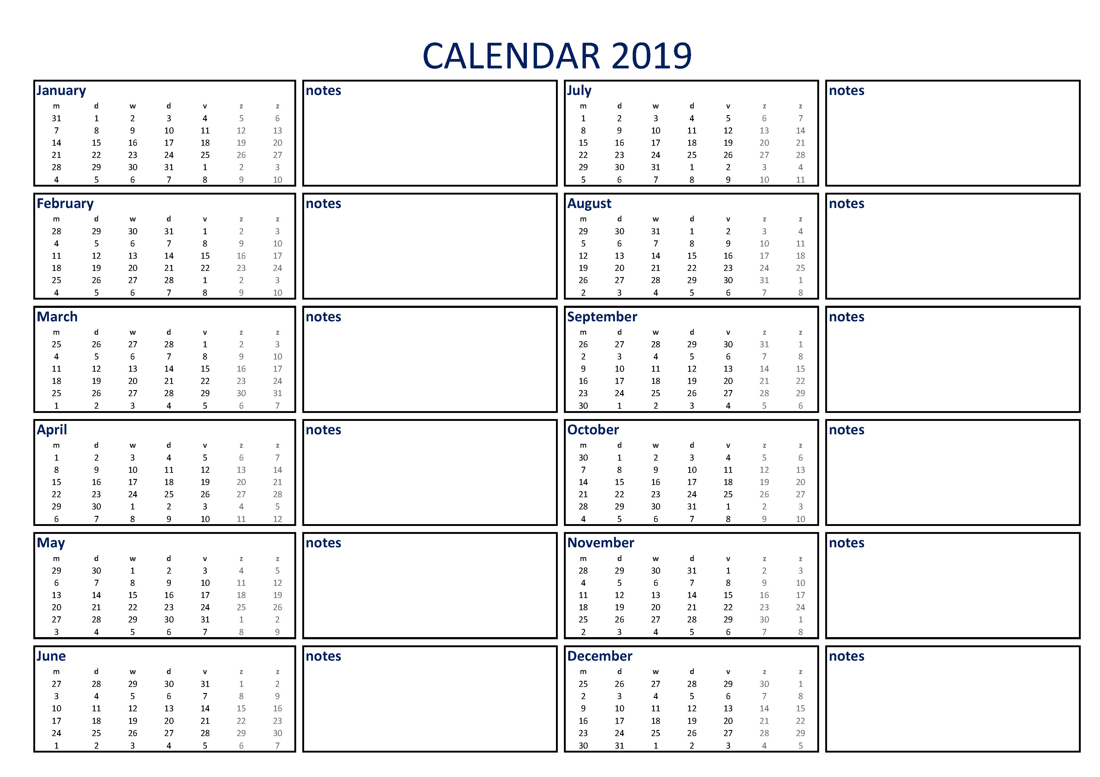 Yearly Calendar 2019 With Notes