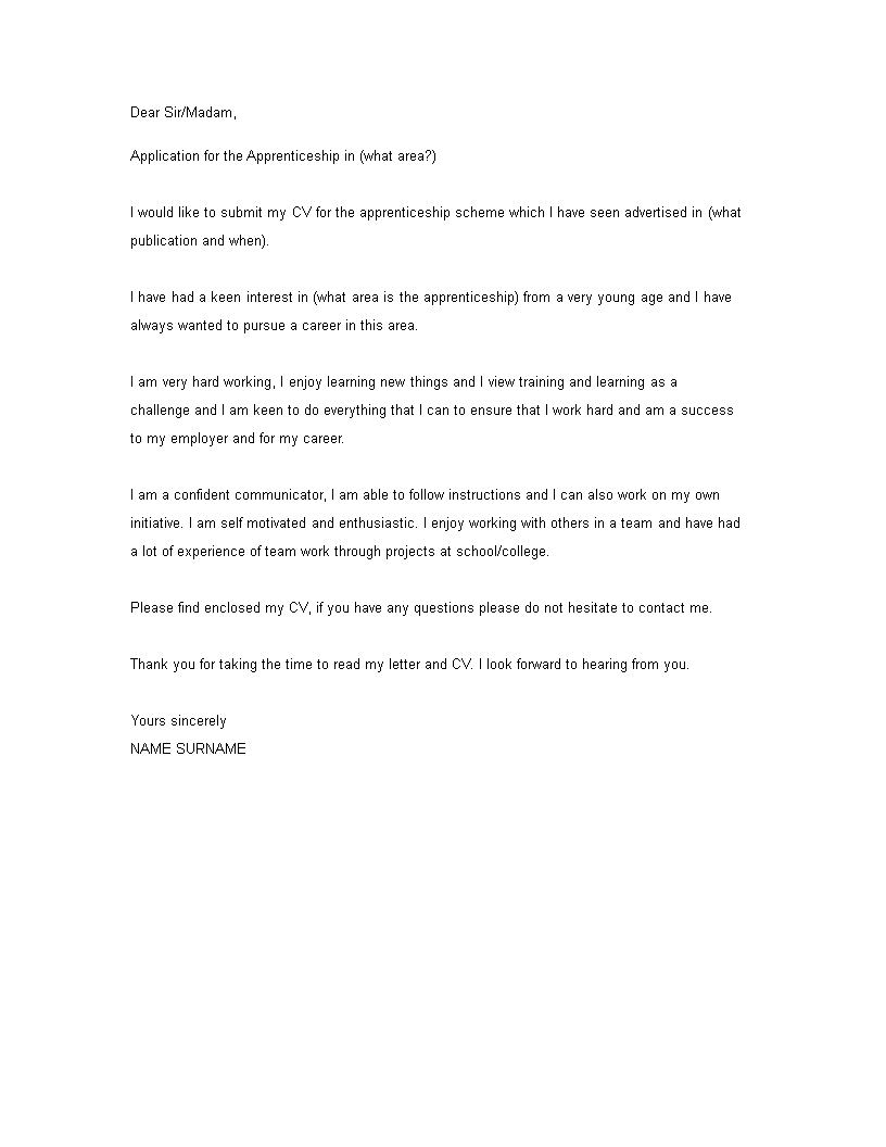 a cover letter for an apprenticeship