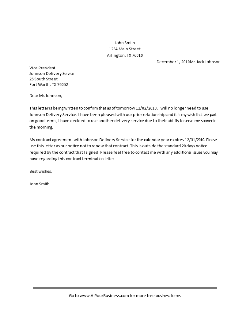 service contract termination letter 1-day notice modèles