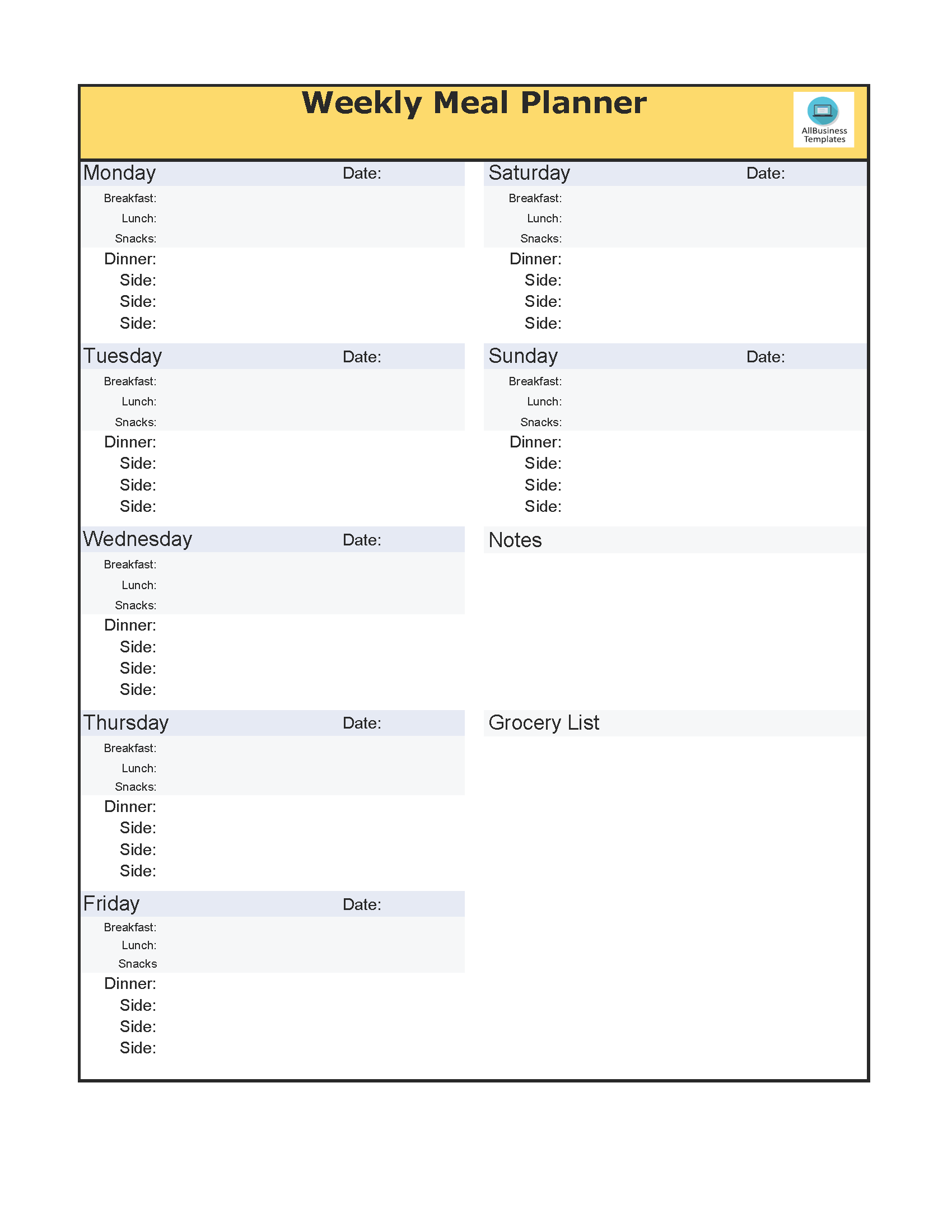 Meal Plan Excel Template 模板