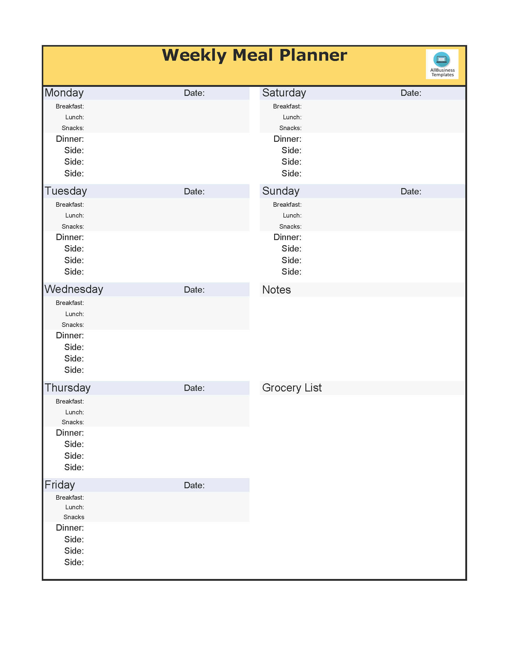 meal plan excel template Hauptschablonenbild