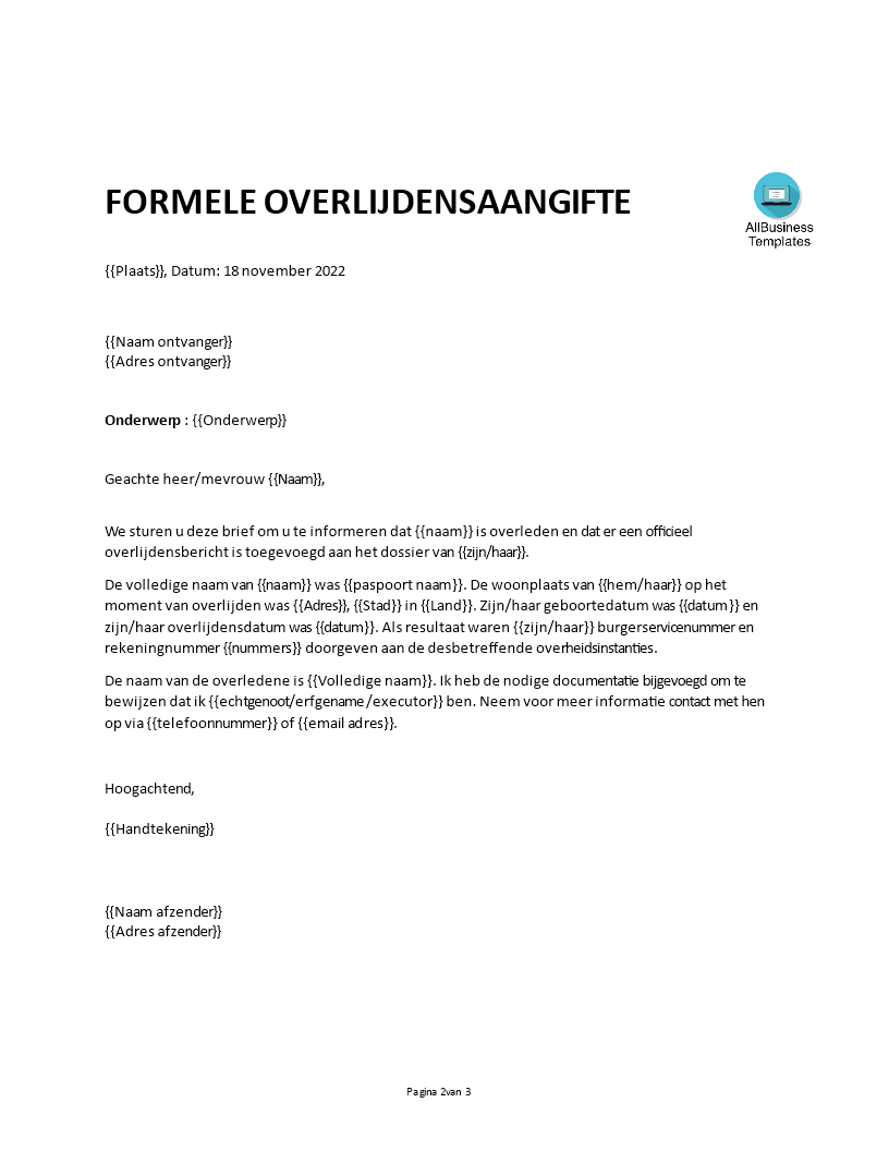 overlijdensbericht voorbeeld template