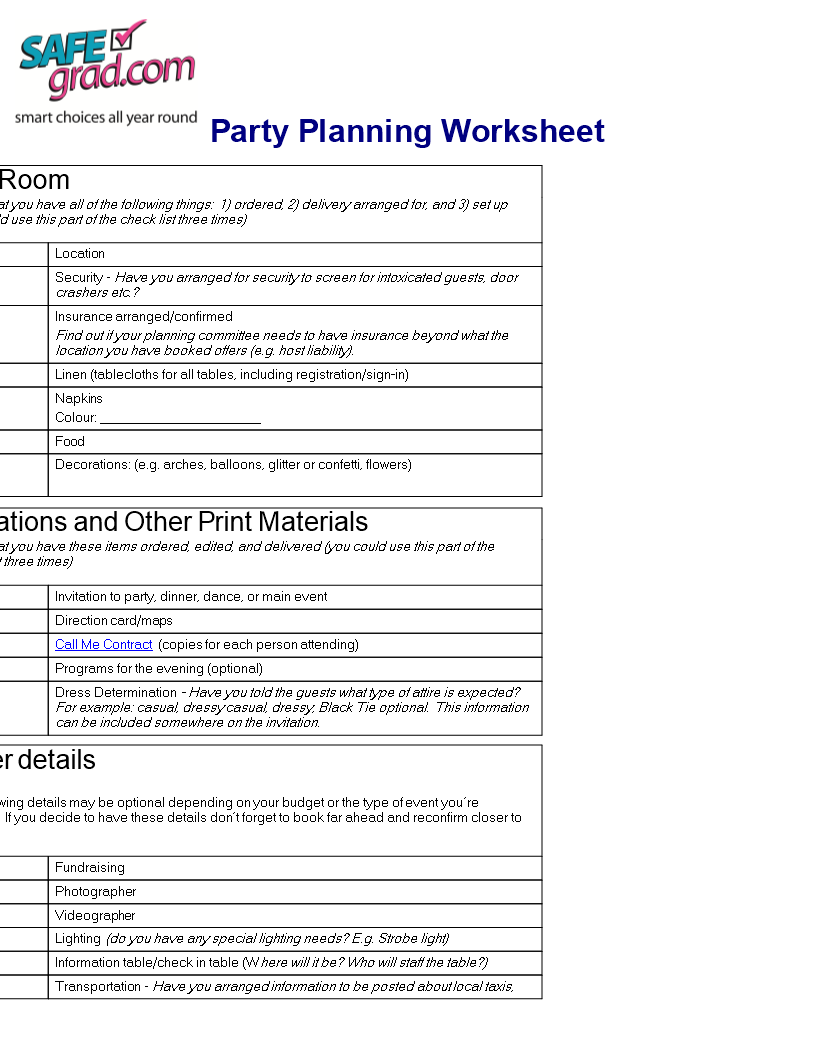 Party Planning Worksheet Checklist main image