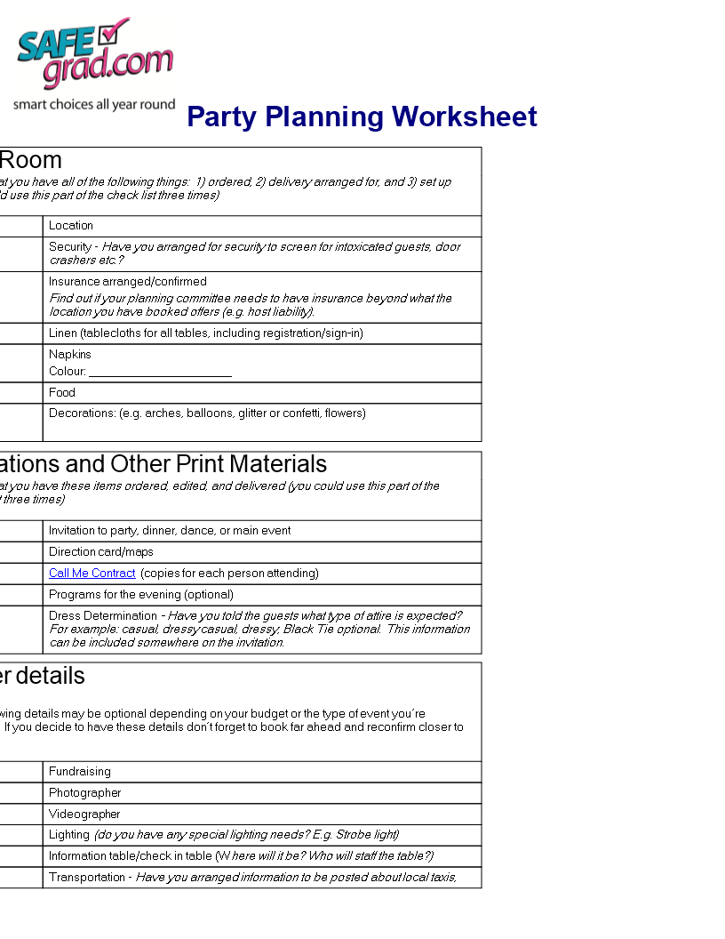 party planning worksheet checklist modèles