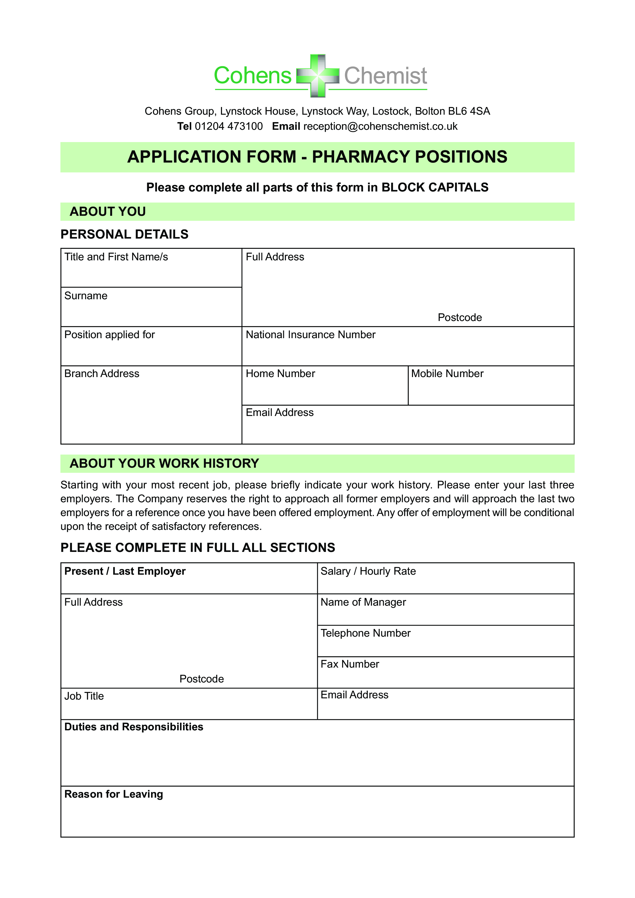 Application Form Pharmacy Positions 模板