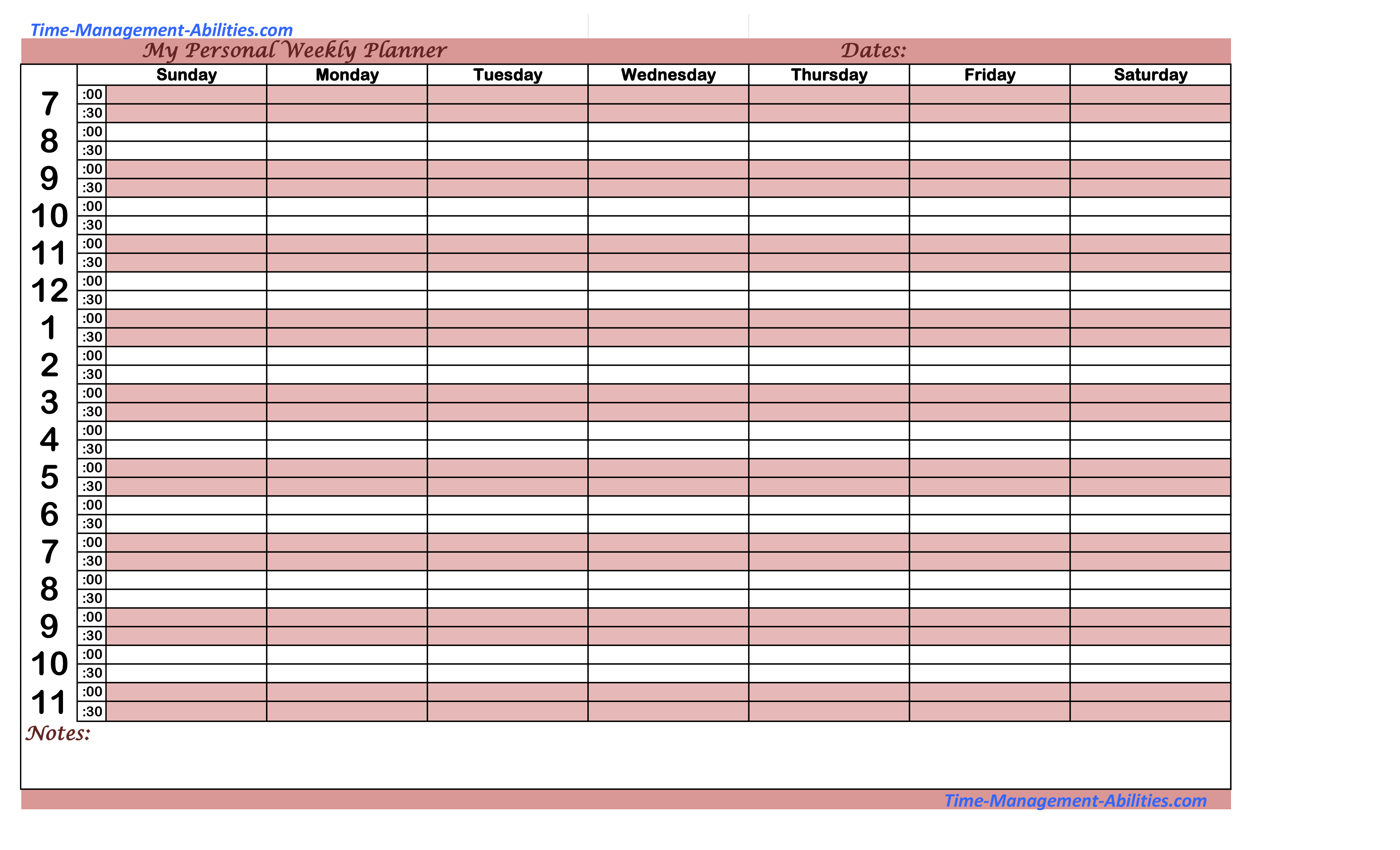 printable personal weekly planner template