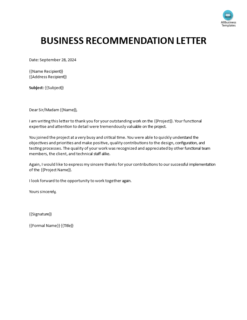 Business Recommendation Letter Format main image