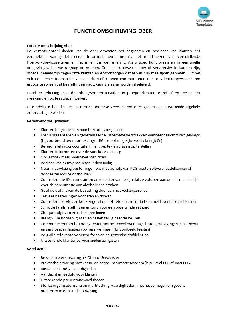 ober job description template