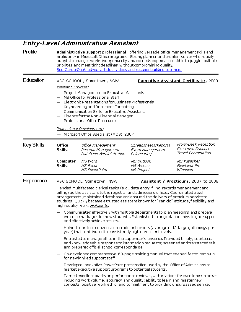 professional administrative resume Hauptschablonenbild