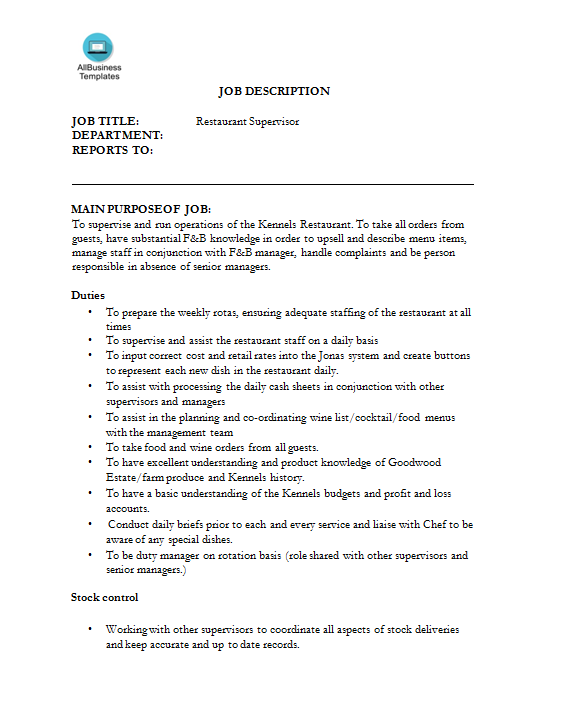 supervisor job description for restaurant template