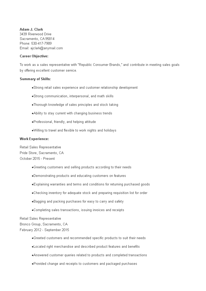 retail sales rep resume template