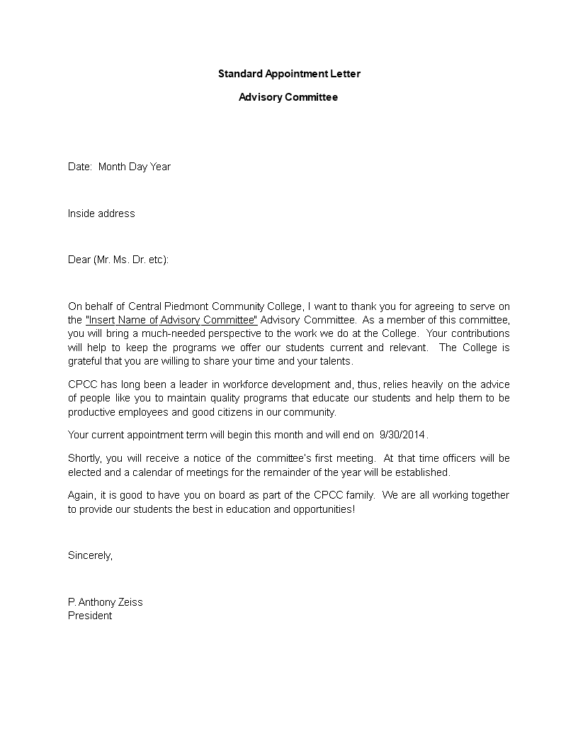 Sample Letter For Appointment To An Advisory Committee main image