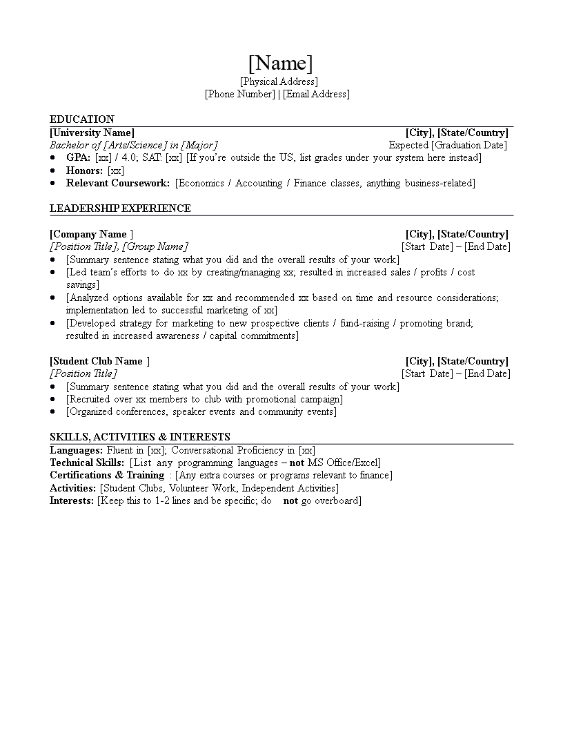 Entry Level Investment Banking Resume main image