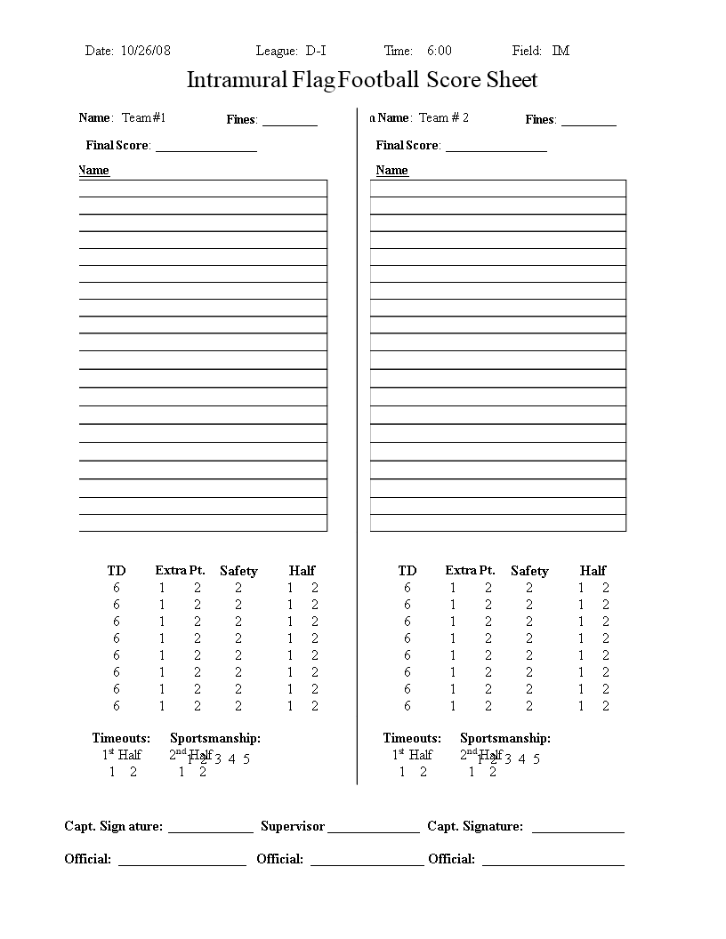  Football Score Sheet Allbusinesstemplates