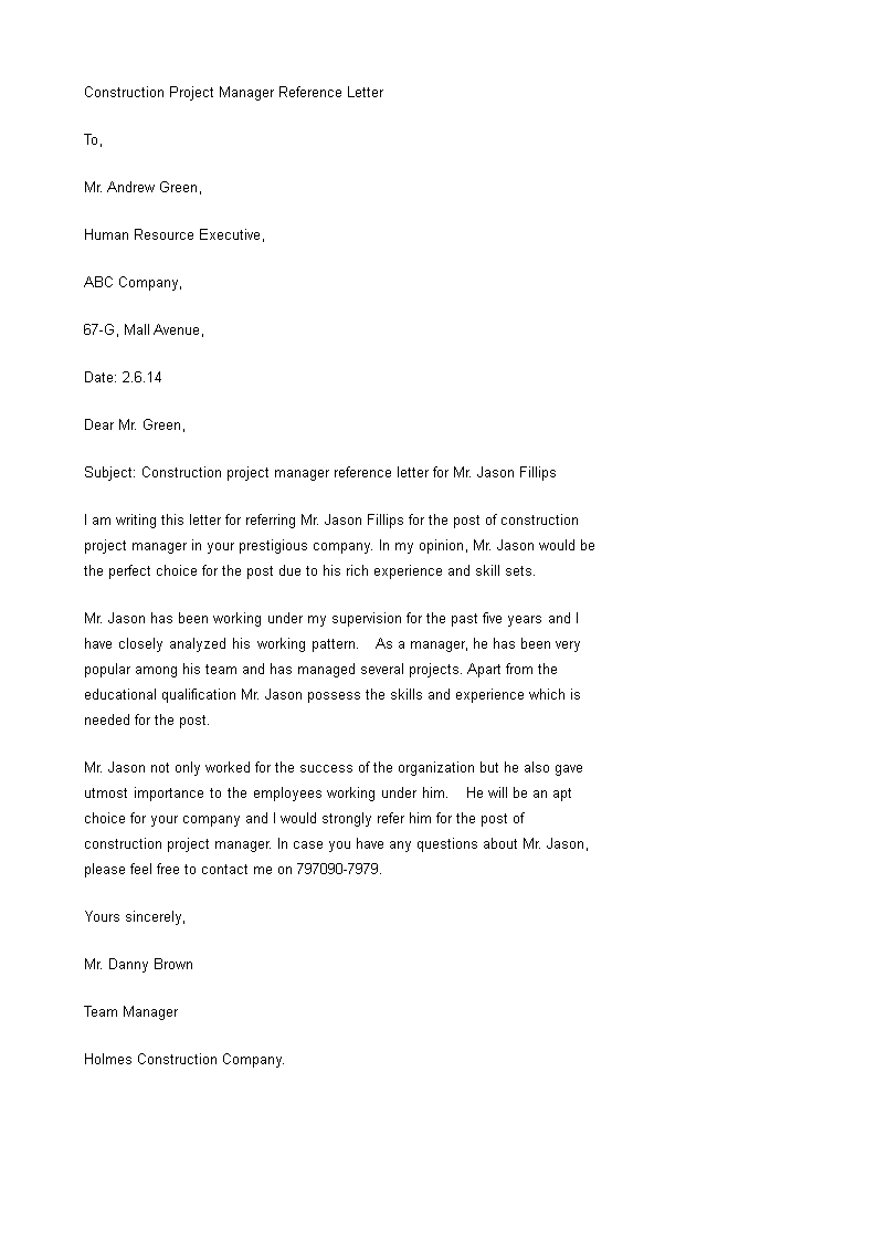 Construction Project Manager Reference Letter main image