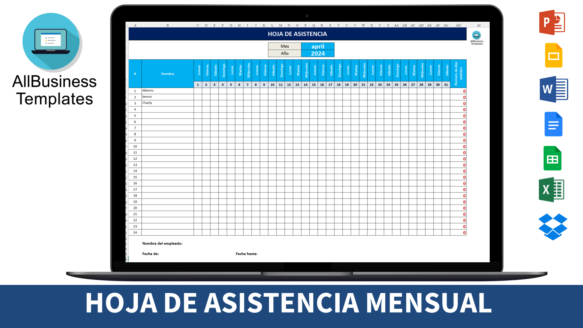 hoja de asistencia mensual plantilla imagen principal