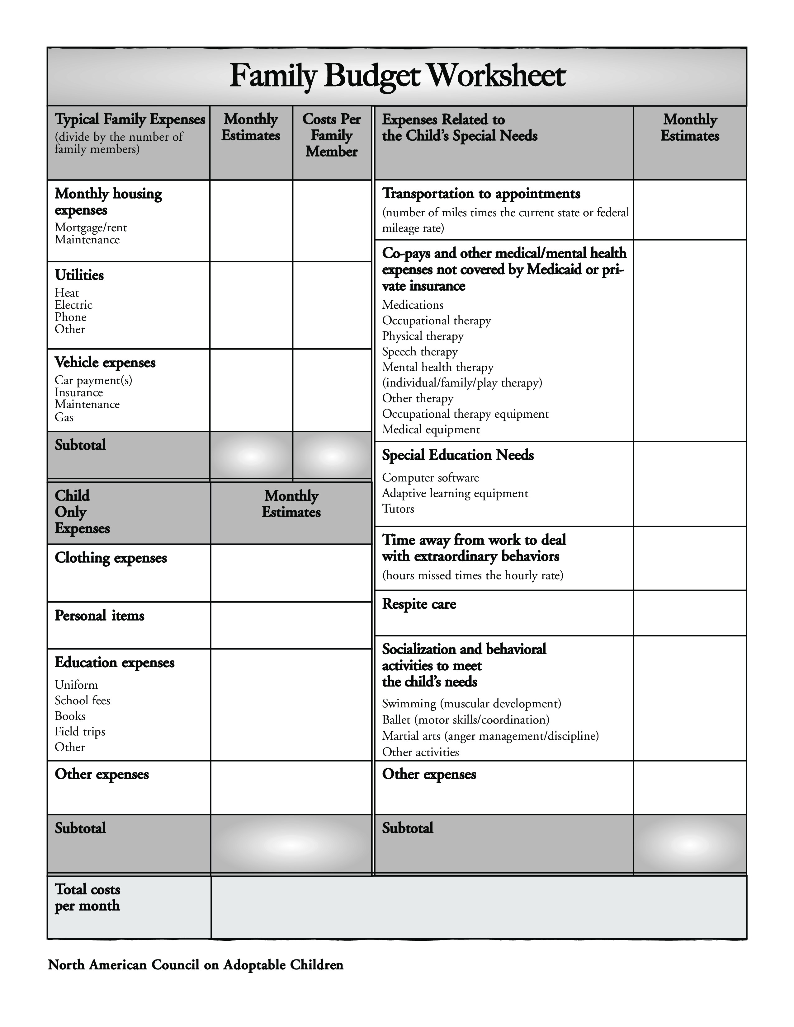 Family Child Care Budget Worksheet main image