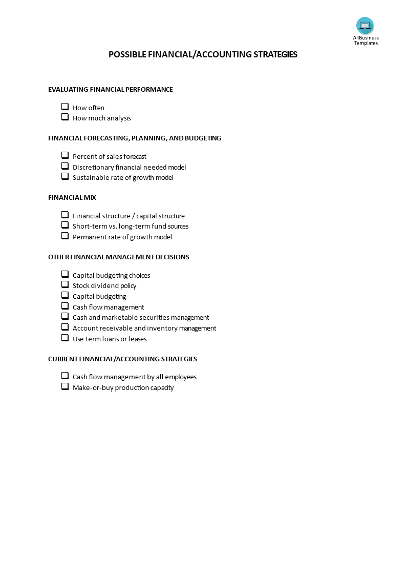 possible financial & accounting strategies modèles