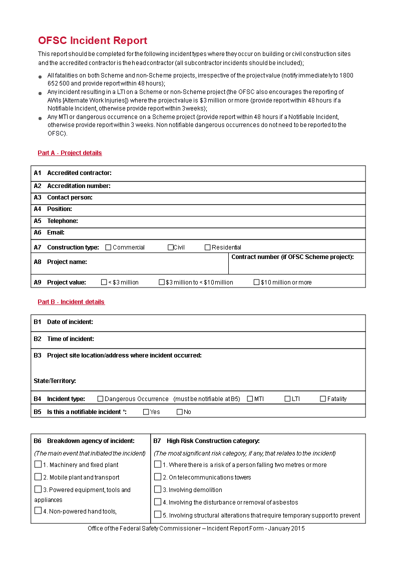 Construction Incident Report Form 模板