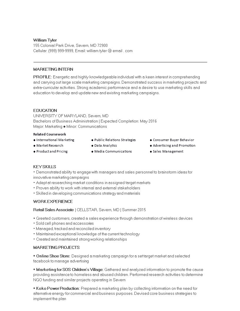 college marketing internship resume modèles