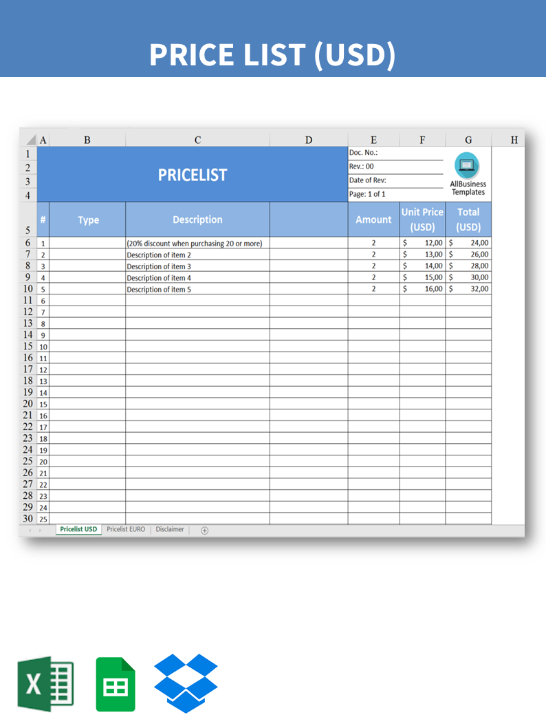 pricelist Hauptschablonenbild