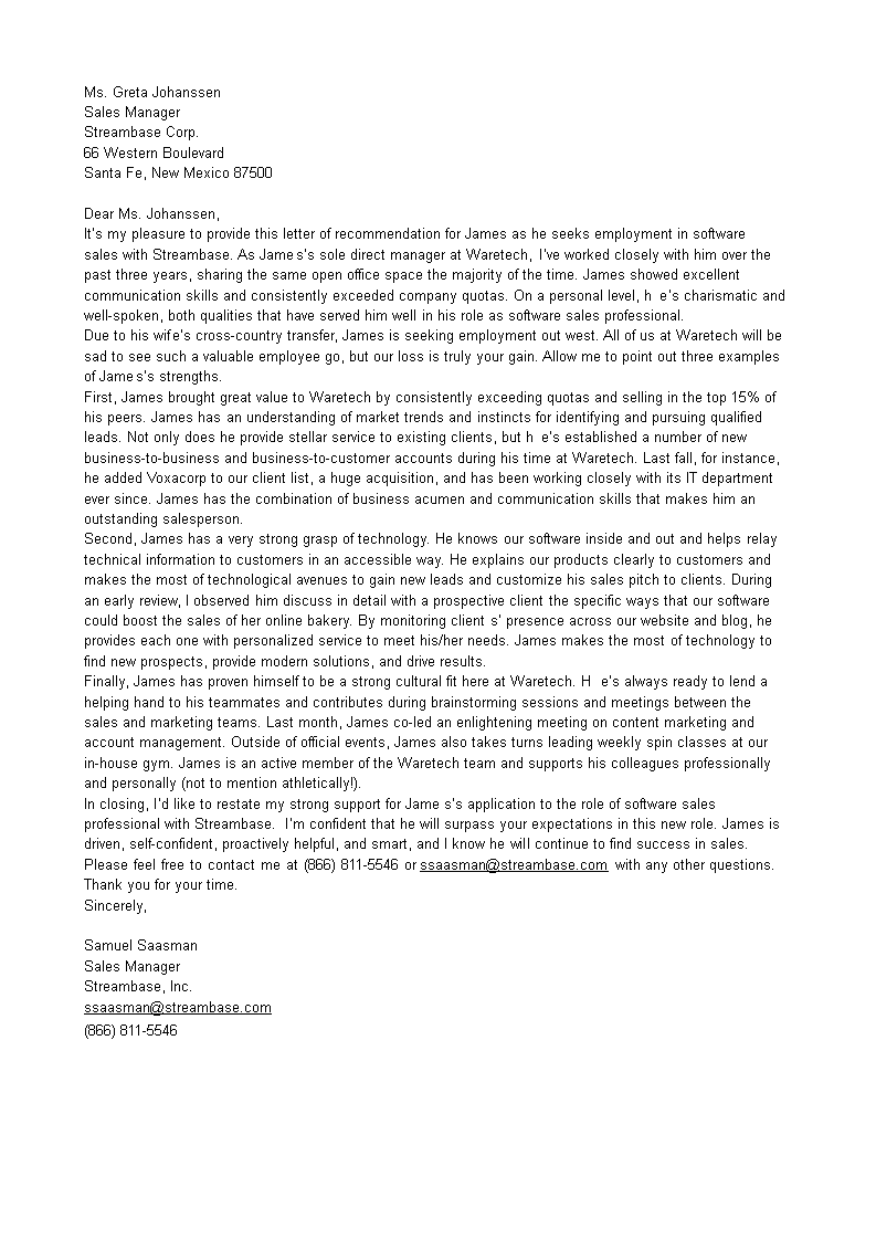 software sales recommendation letter from manager modèles