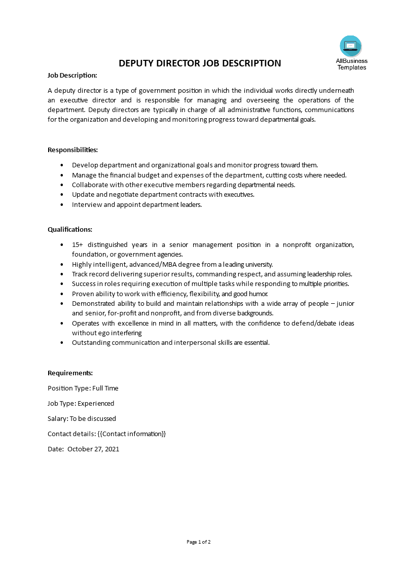 deputy director job description template