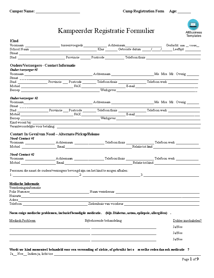 camper registratie formulier template