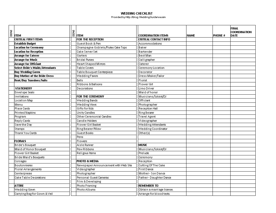 essential wedding checklist printable template