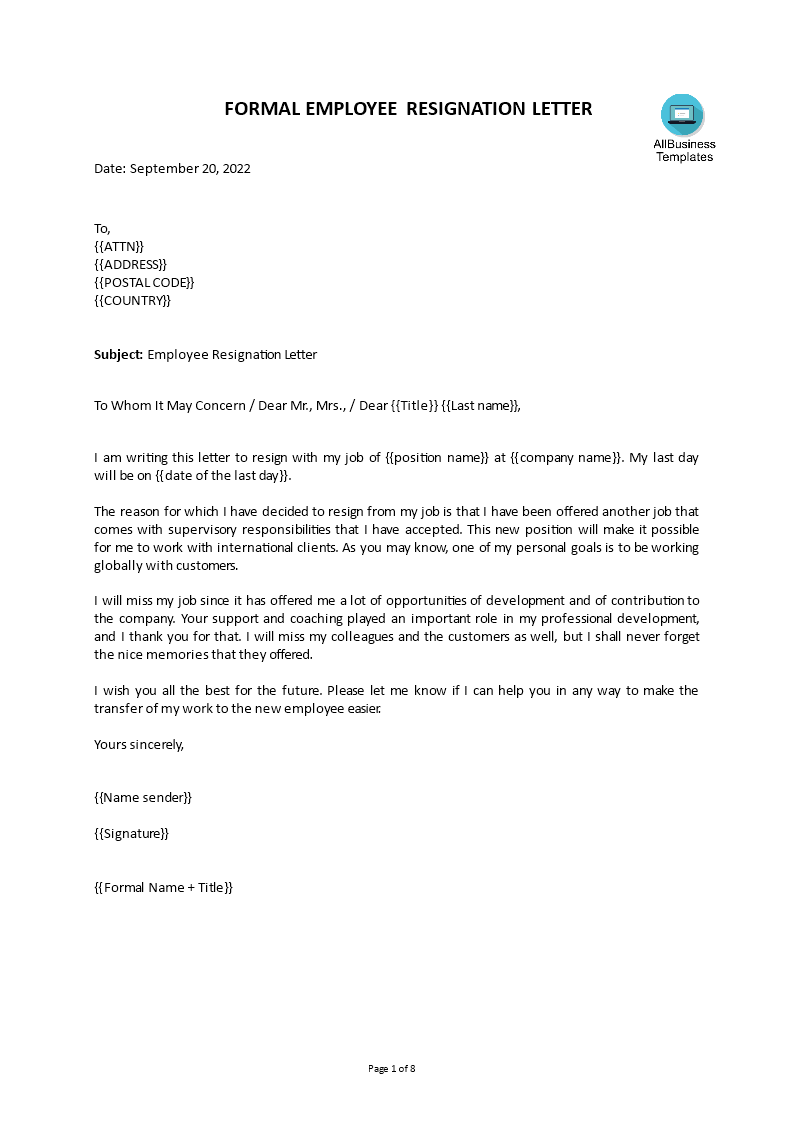 formal employee resignation letter plantilla imagen principal