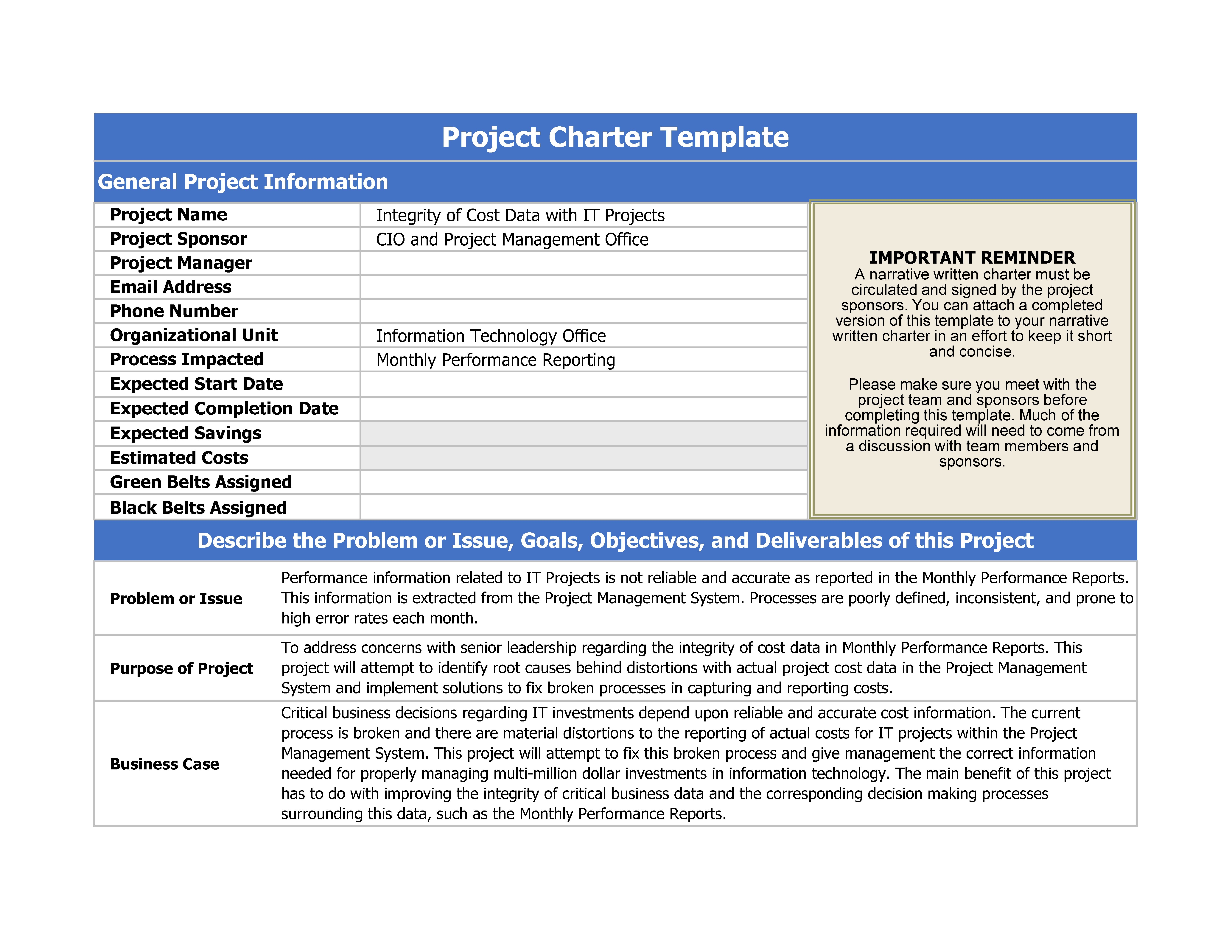 six sigma project charter template modèles