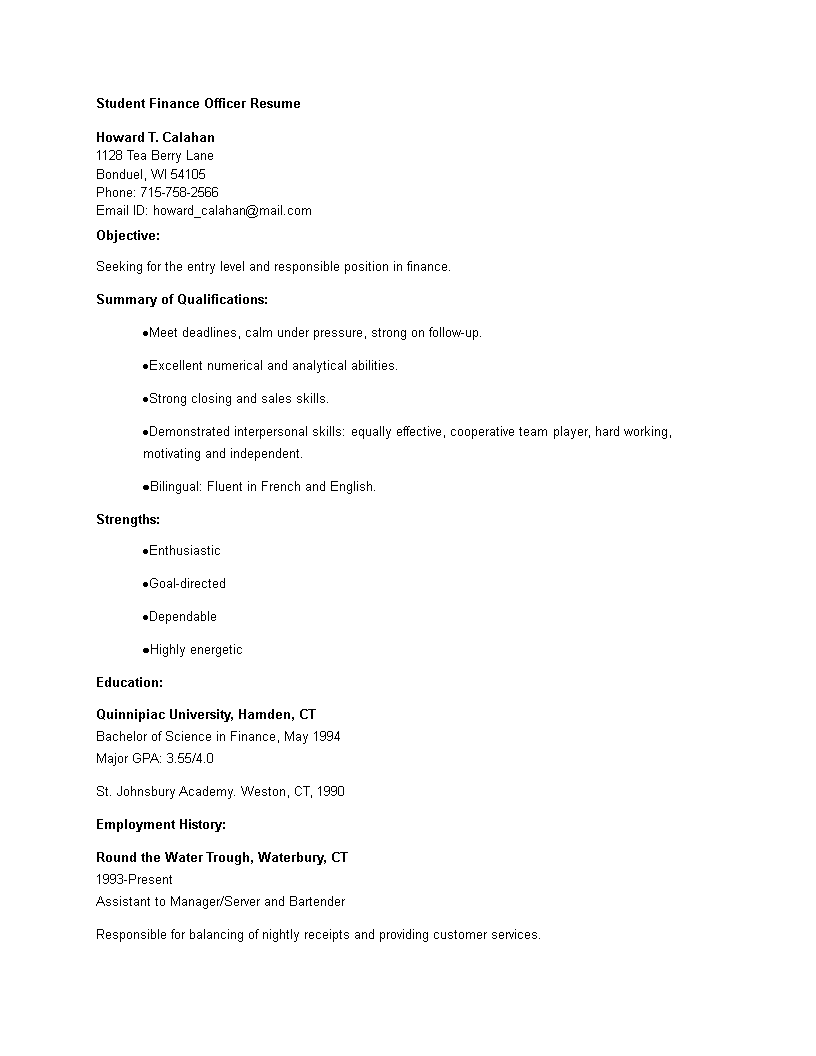 Student Finance Officer Resume 模板