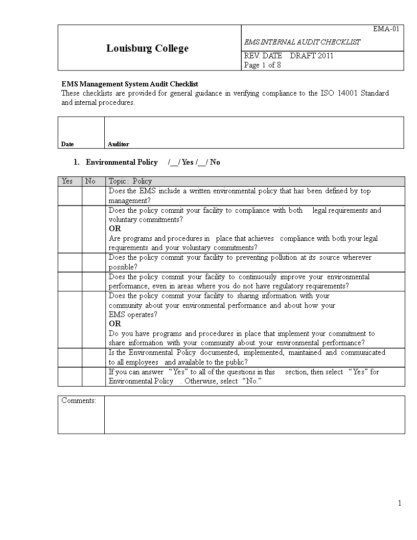 internal audit checklist sample template