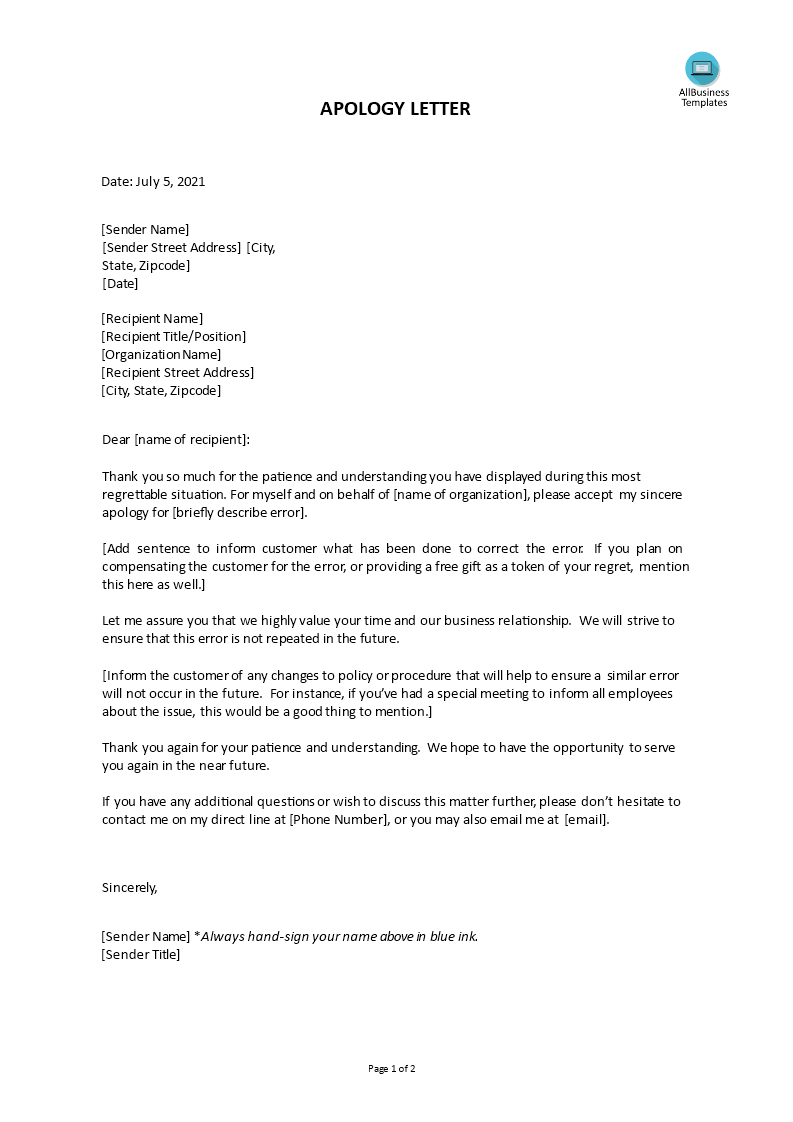 apology letter for mistake to customer template voorbeeld afbeelding 