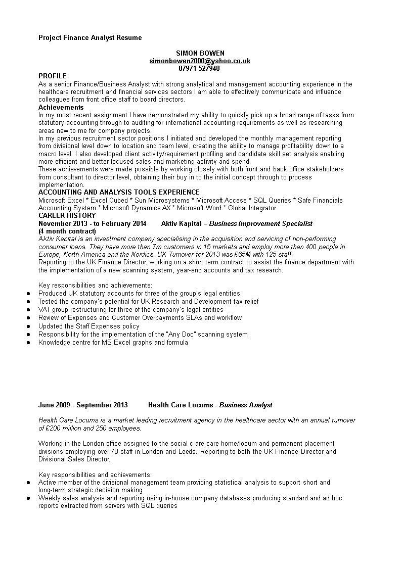 project finance analyst resume template