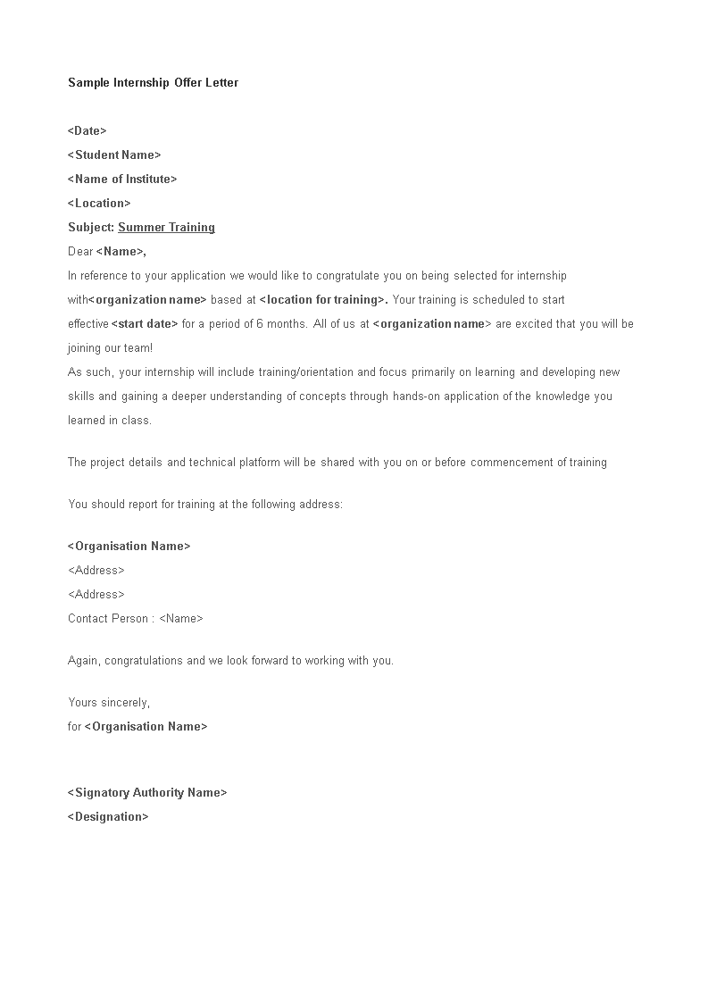 sample internship offer letter template