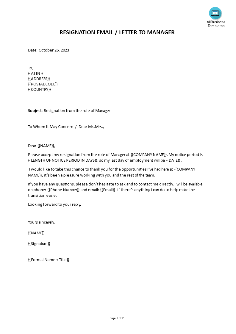 employment resignation letter as manager modèles